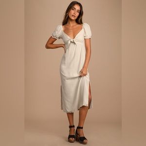 Aylah Beige Puff Sleeve Tie-Front Midi Dress
